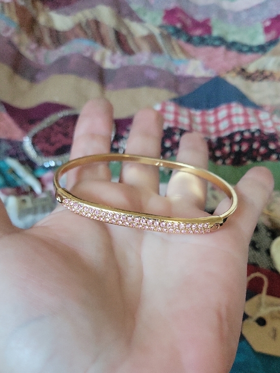 Jewelry - Gold Bangle Bracelet with Pink Crystals - Vintage Swarovski Crystal